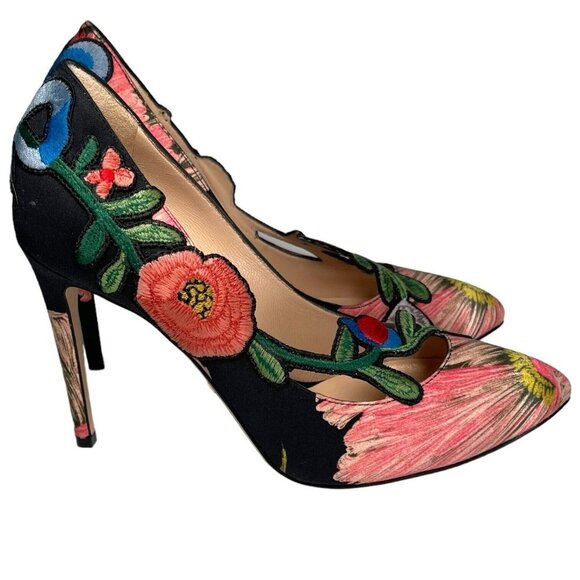 GUCCI Ophelia Embroidered Flower Heels Size 37.5 Cloth EUC Floral - Picture 5 of 12